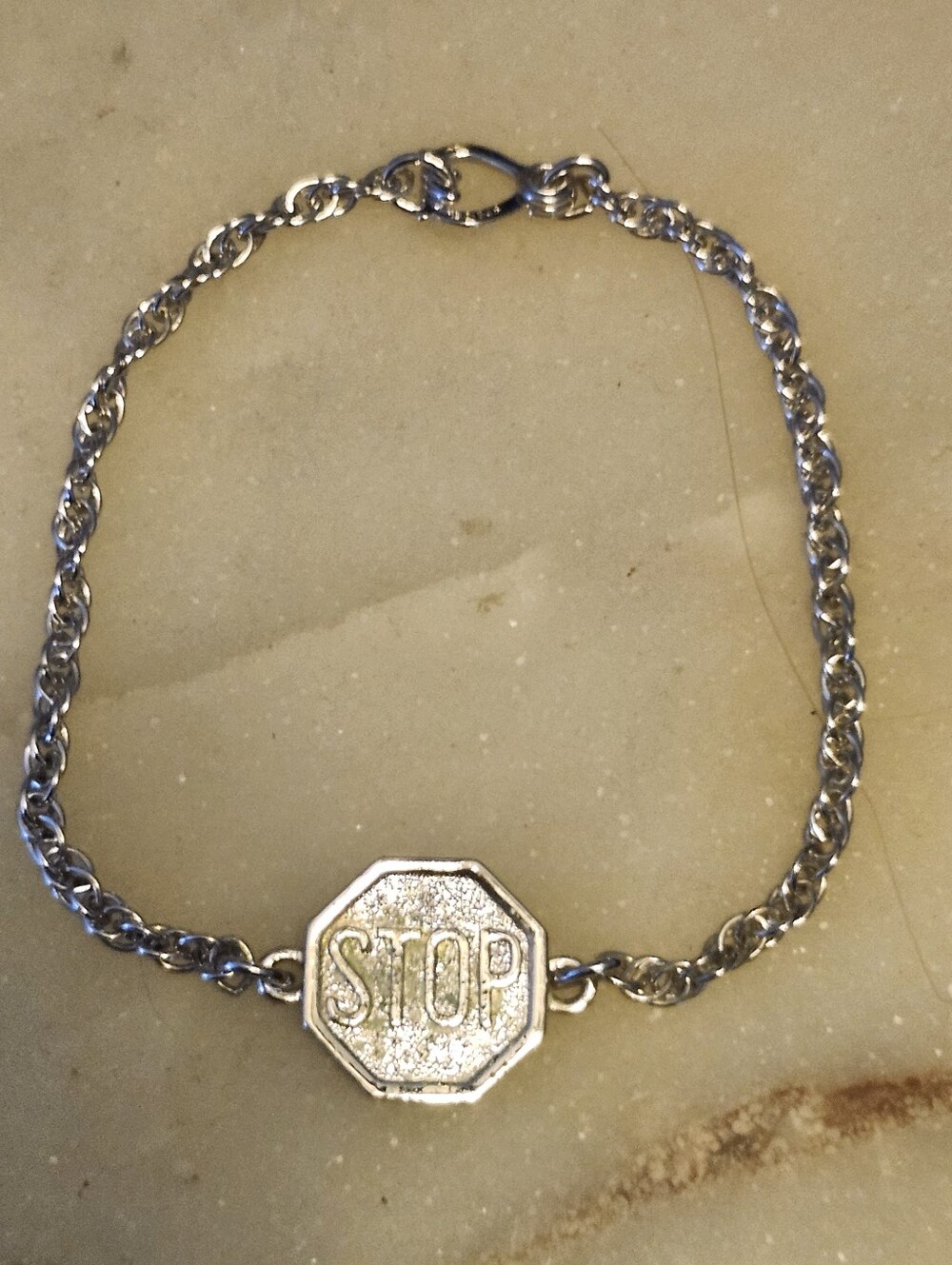Vtg Speidel Silver STOP Octagon Charm Chain Bracelet